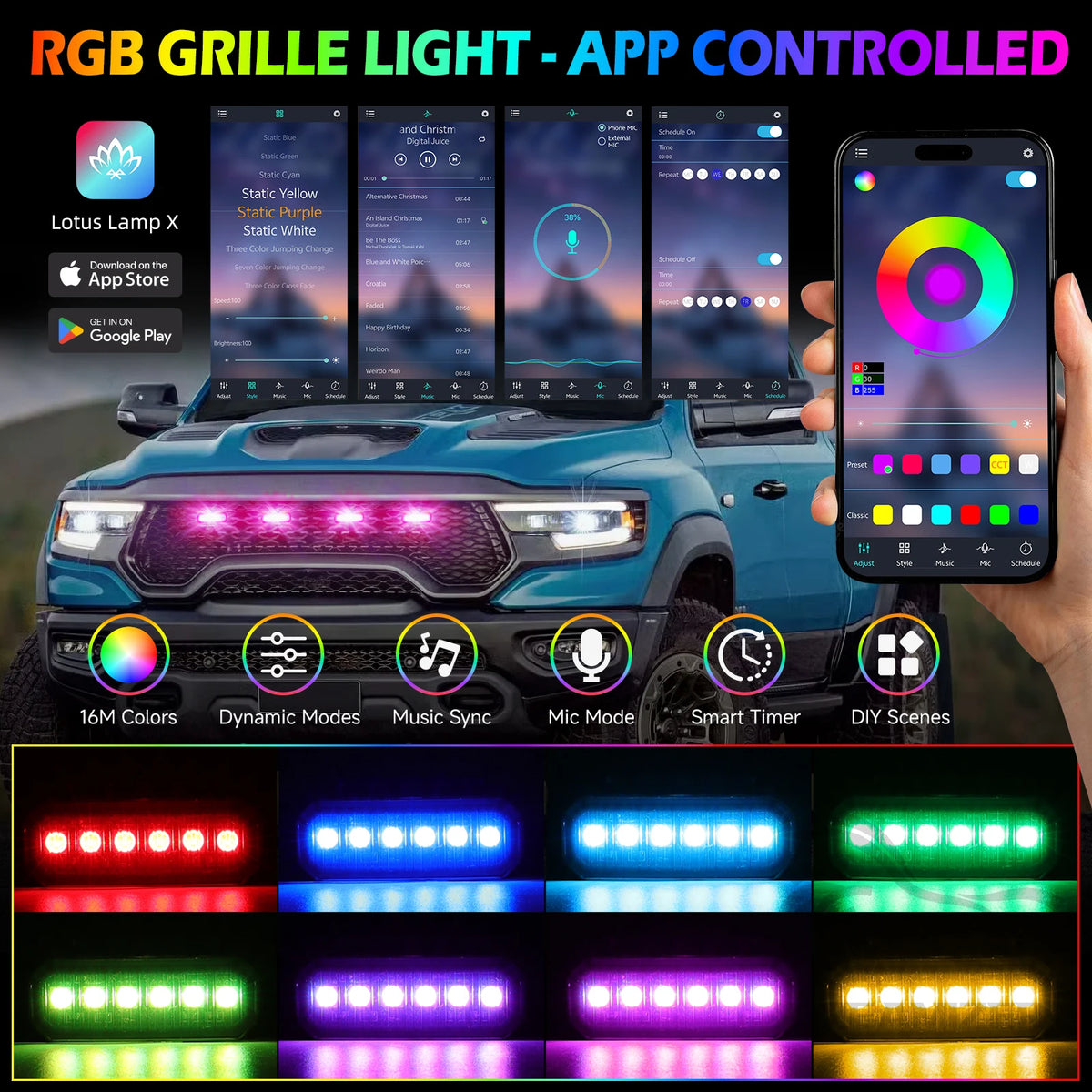 4PCS color-changing Front Grill Trucks APP Control Clip On