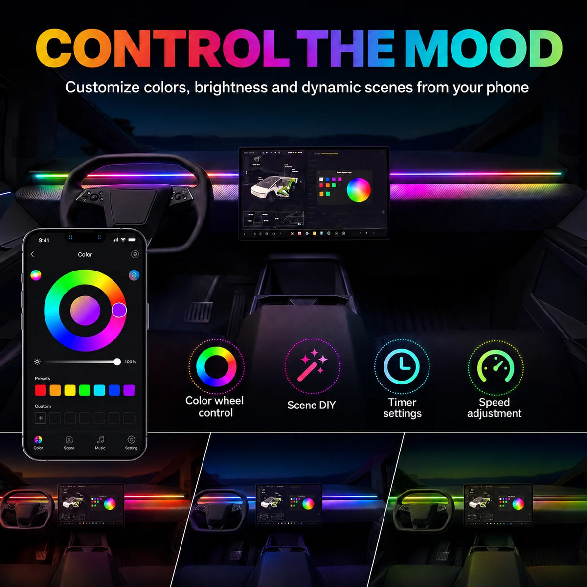 For Tesla Cybertruck USB Powered APP RGB Dashboard Ambient Strip
