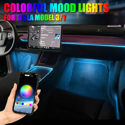 For Tesla Model 2021-2025 Y 3 RGB Ambient Light Kit Dashboard Center Console Center Lamp APP Control LED Strips Neon Lig
