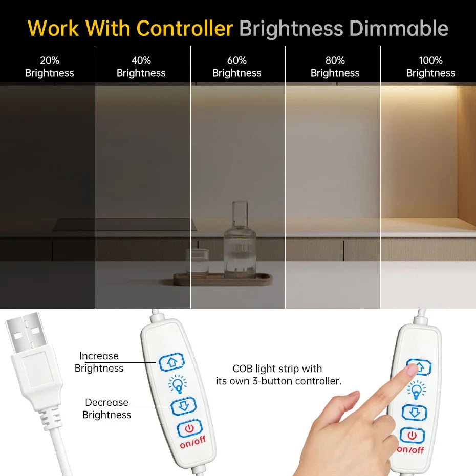 For Tv Mirror Cabinet Light 5V USB Cob Strip 320leds M 3KEY