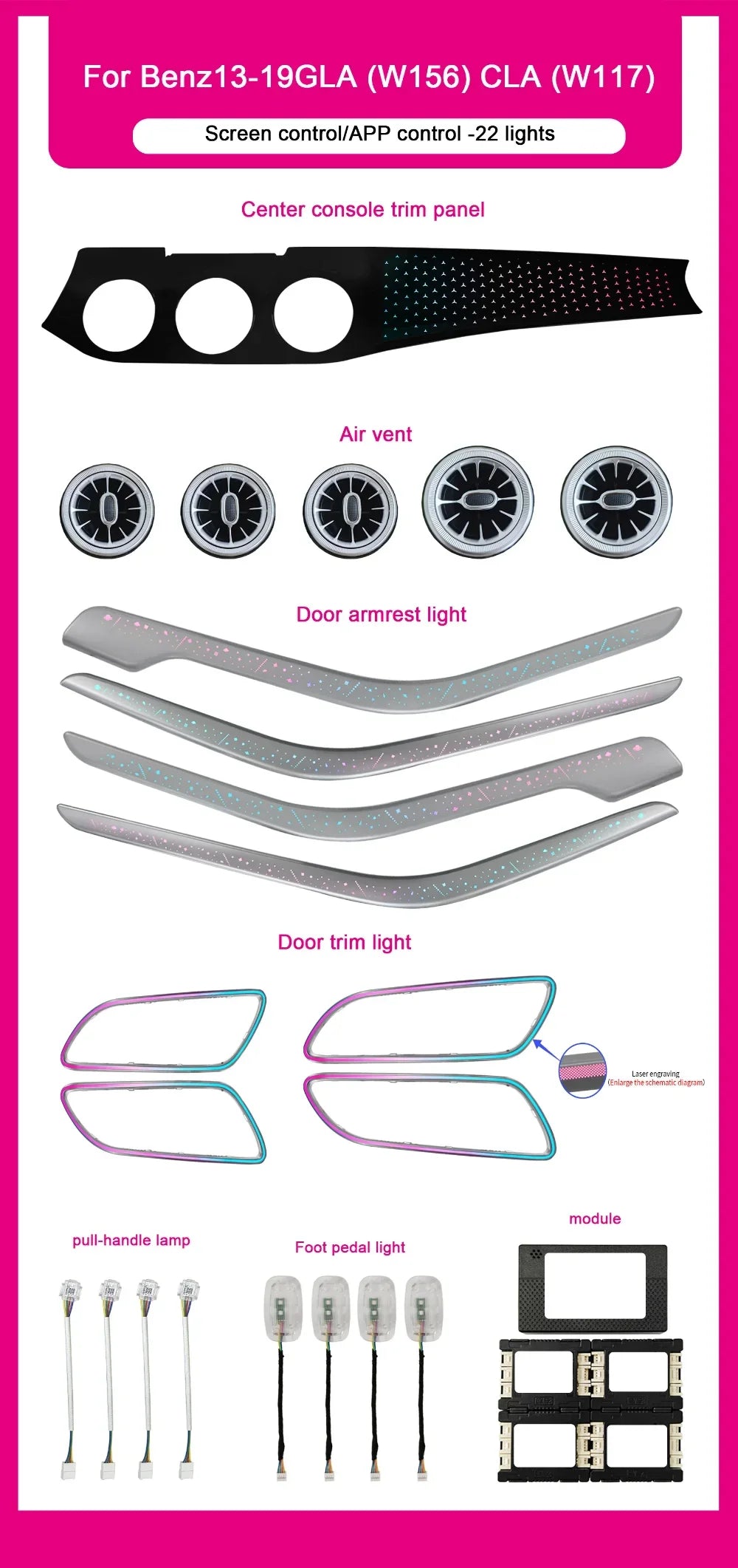 For Mercedes-Benz Cla Gla A B-Class 64-color Interior Lighting