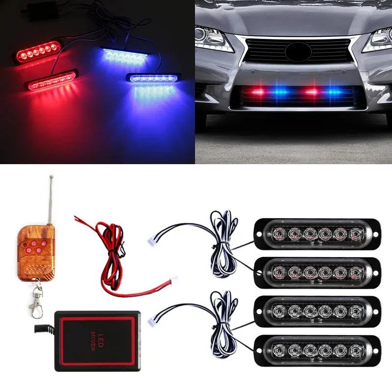 4PCS Grill Strobe Red Blue Emergency Remote Wireless Control