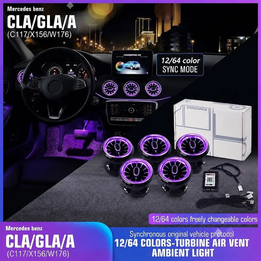 For Mercedes Benz A W176 CLA C117 C117 GLA X156 AMG 12/64 Color LED Turbine Air Vent Ambient Light Strip Interior Decora