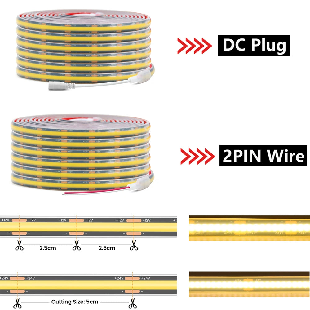 IP68 Waterproof 12V 24V Cob Strip 320leds M Black