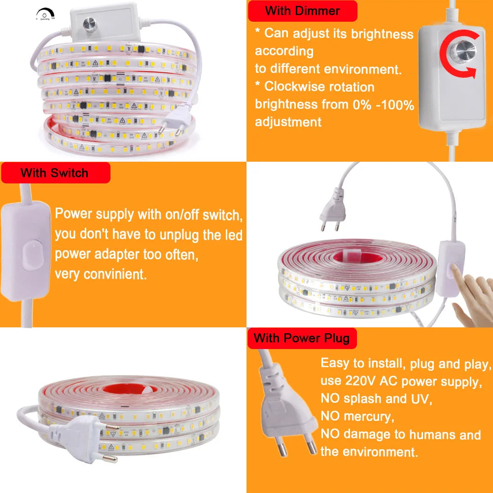 Dimmable 220V 2835 Strip Dimmer Switch Adhesive Tape Waterproof