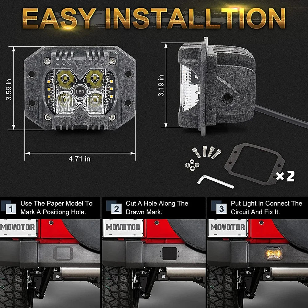 For Off Road Jeep 2PCS Front Rear Flush Mount Pods Driving Lamps