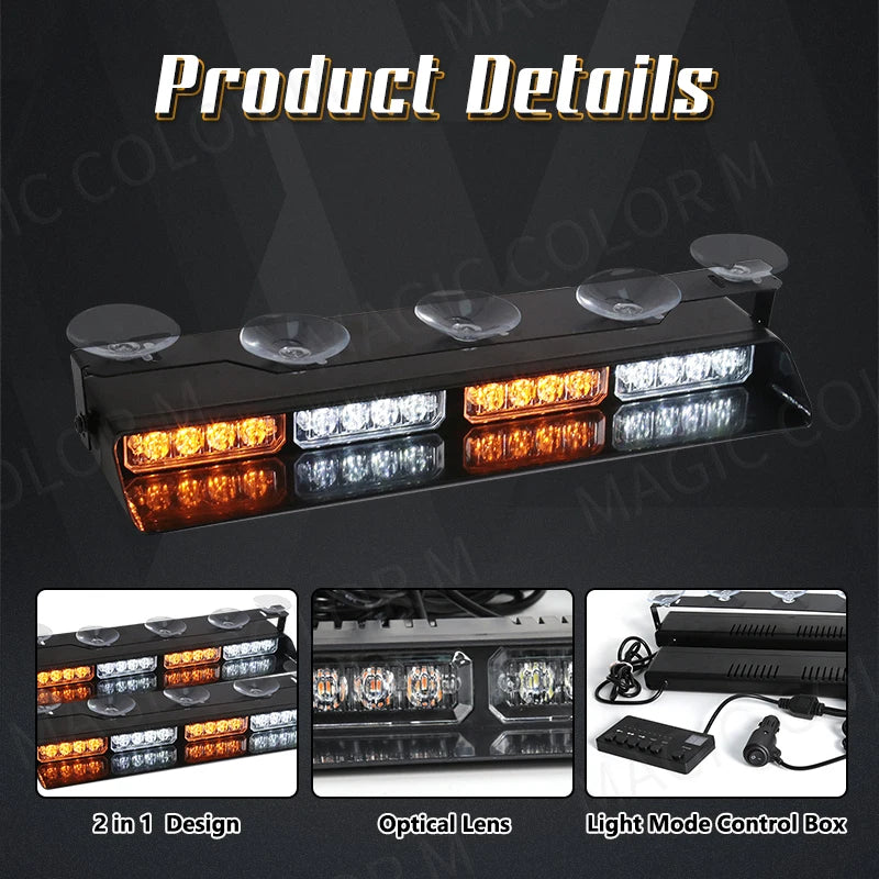 For Emergency Flash Warning Lamp Windshield 2-in-1 Strobe Bar