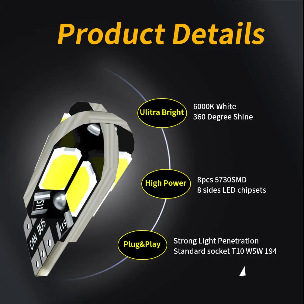 20PCS T10 5730 8SMD Canbus Bulbs W5W wy5w 168