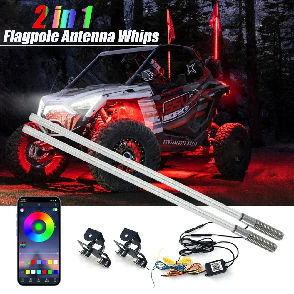 For Utv ATV Off Road 2PCS Whip APP Control Flagpole Antenna