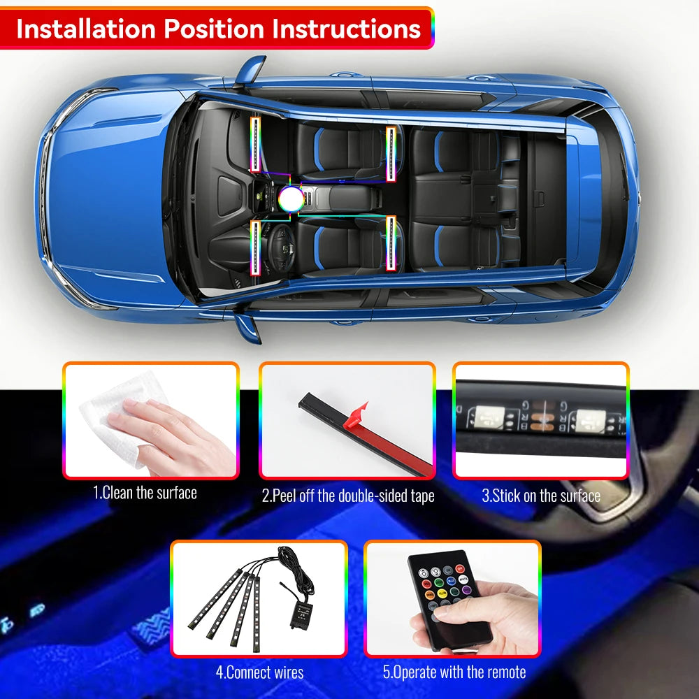 RGB Atmosphere Interior Strip Foot Ambient USB Cigarette Remote