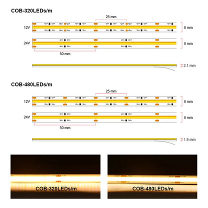 Ul Listed Cob Strip 320 480 Leds M 16.4ft