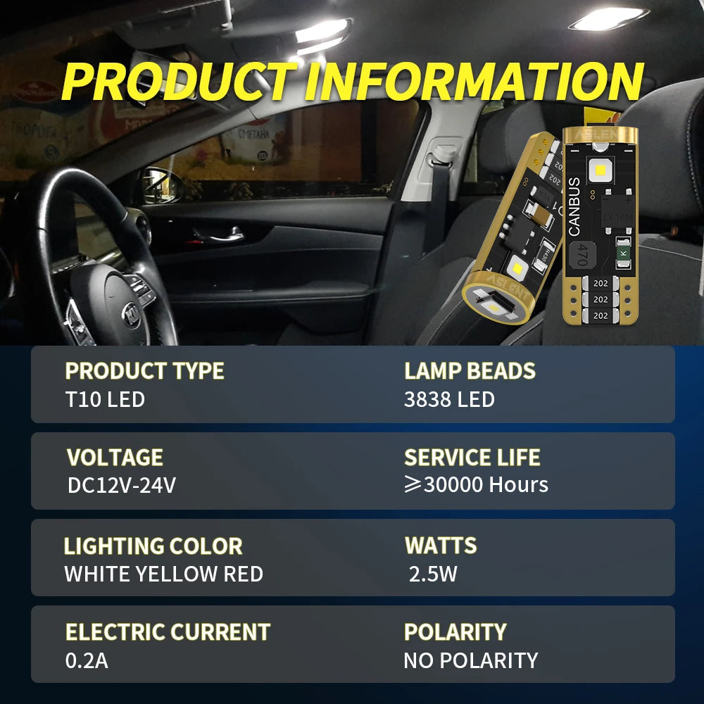 10X 194 T10 Bulbs 6000K White 168 W5W Bright