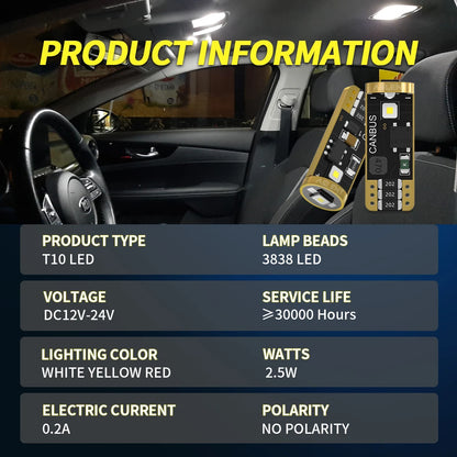 10X 194 T10 Bulbs 6000K White 168 W5W Bright