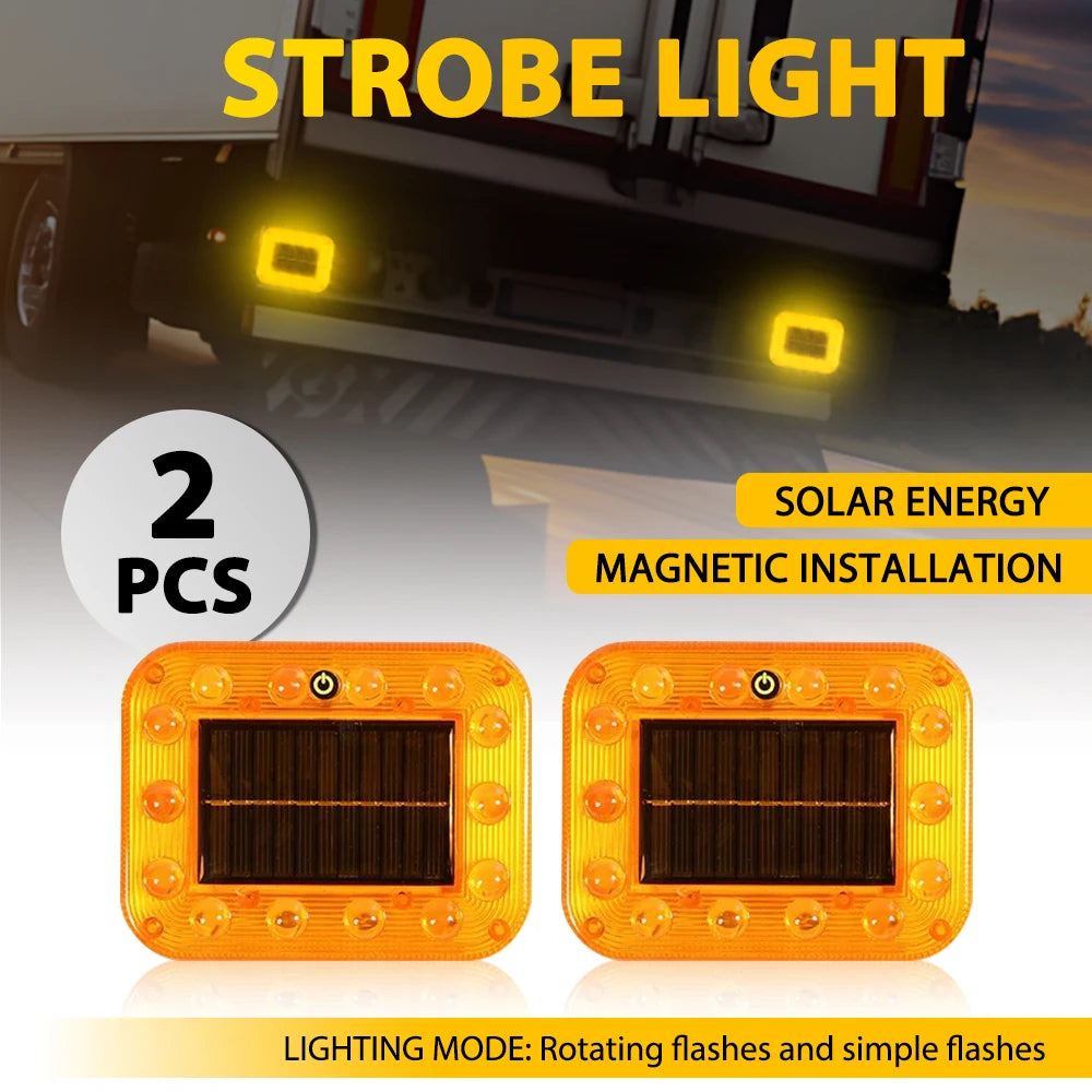 For All 2PCS Amber Solar Energy Magnetic Strobe Flashing Trucks
