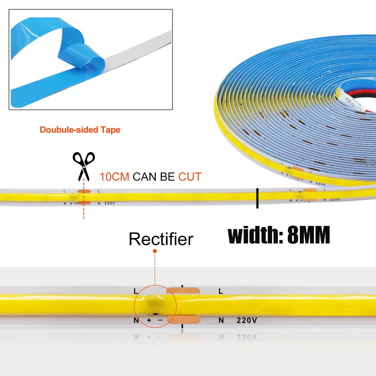 5M 10M 20M 50M Roll Cob Strip Ac 220V