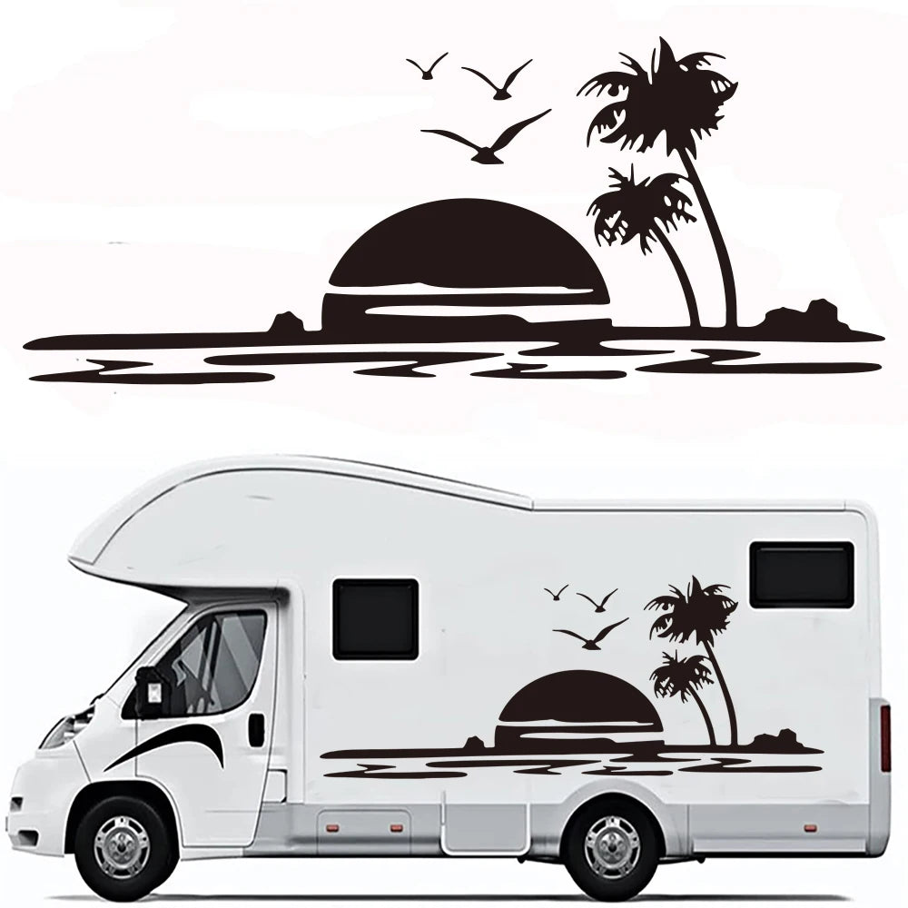 Large Sunset On Beach Tree Camper Rv Sticker Travel