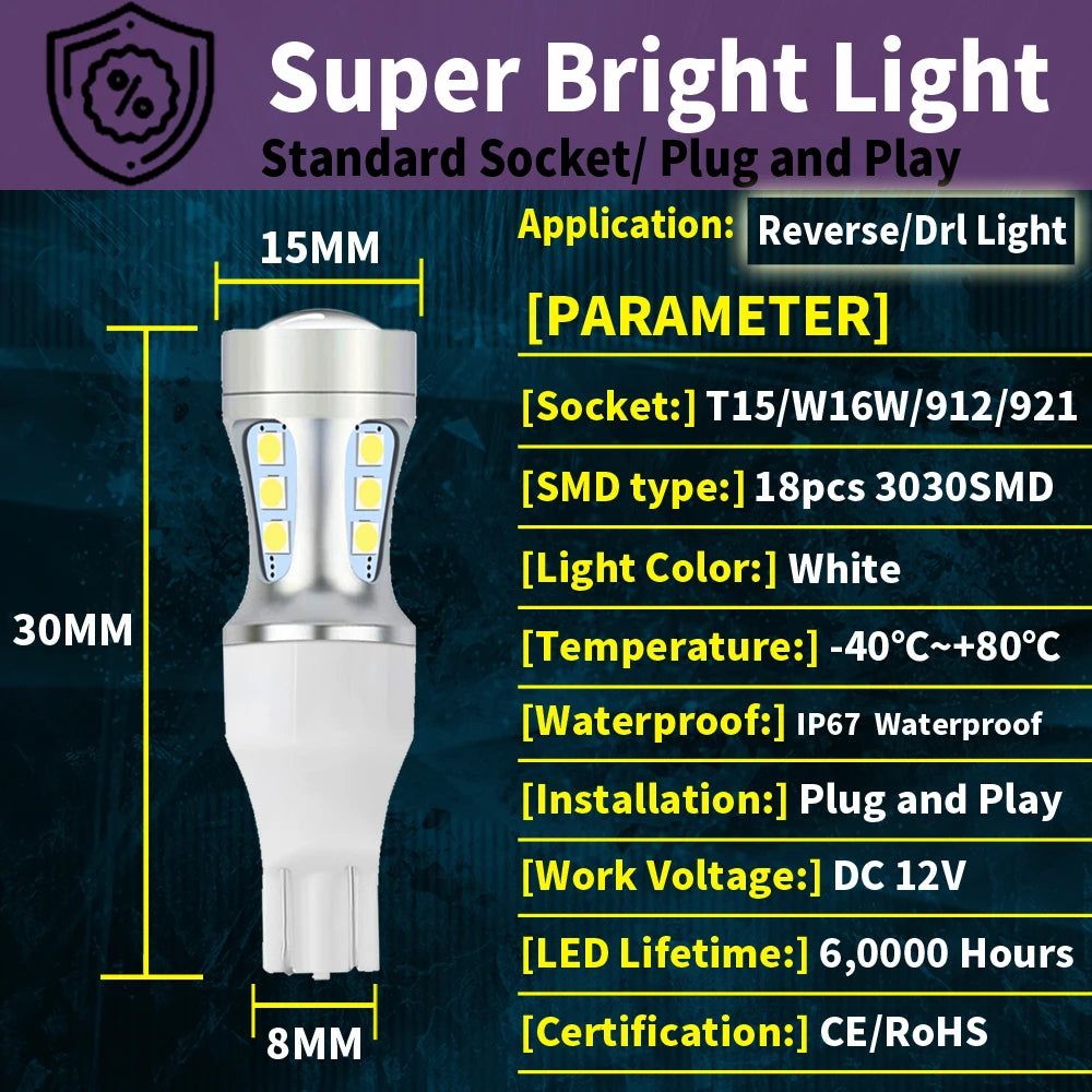 2PCS Super Bright W16W T15 Bulbs 912 921 wy16w