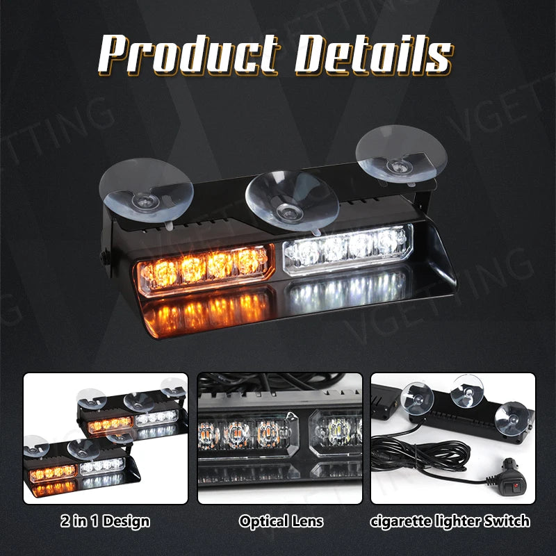 For Flash Warning Lamp Windshield Bar 2-in-1 Front Strobe Beads