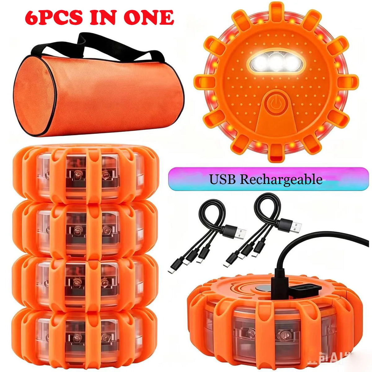 6PCS USB Rechargeable Road Flares Emergency Roadside Warning