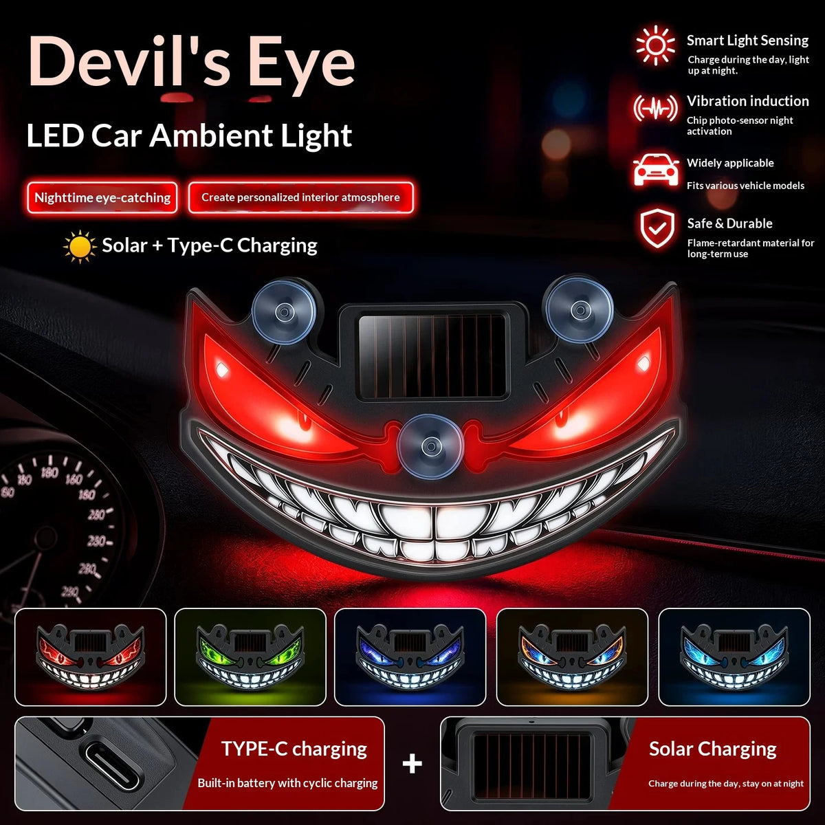 Devil Eyes Windshield Warning Flashing Signal Solar Rear