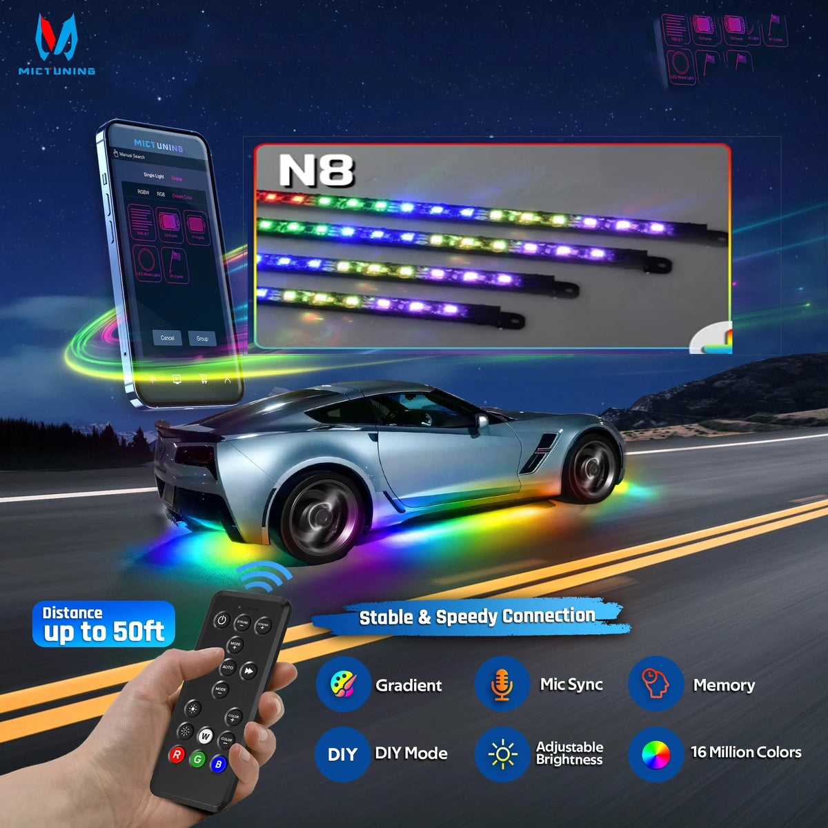 For 12V Mictuning Underglow Strips Rgbic Underlights Wireless
