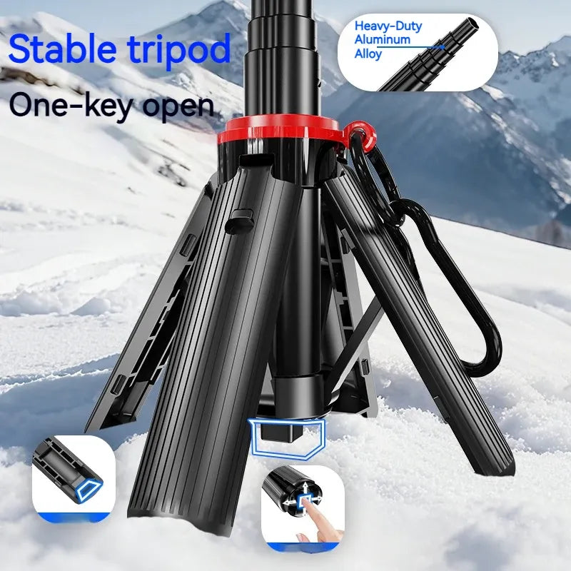 One-key open tripod base with heavy-duty aluminium alloy legs and non-slip feet