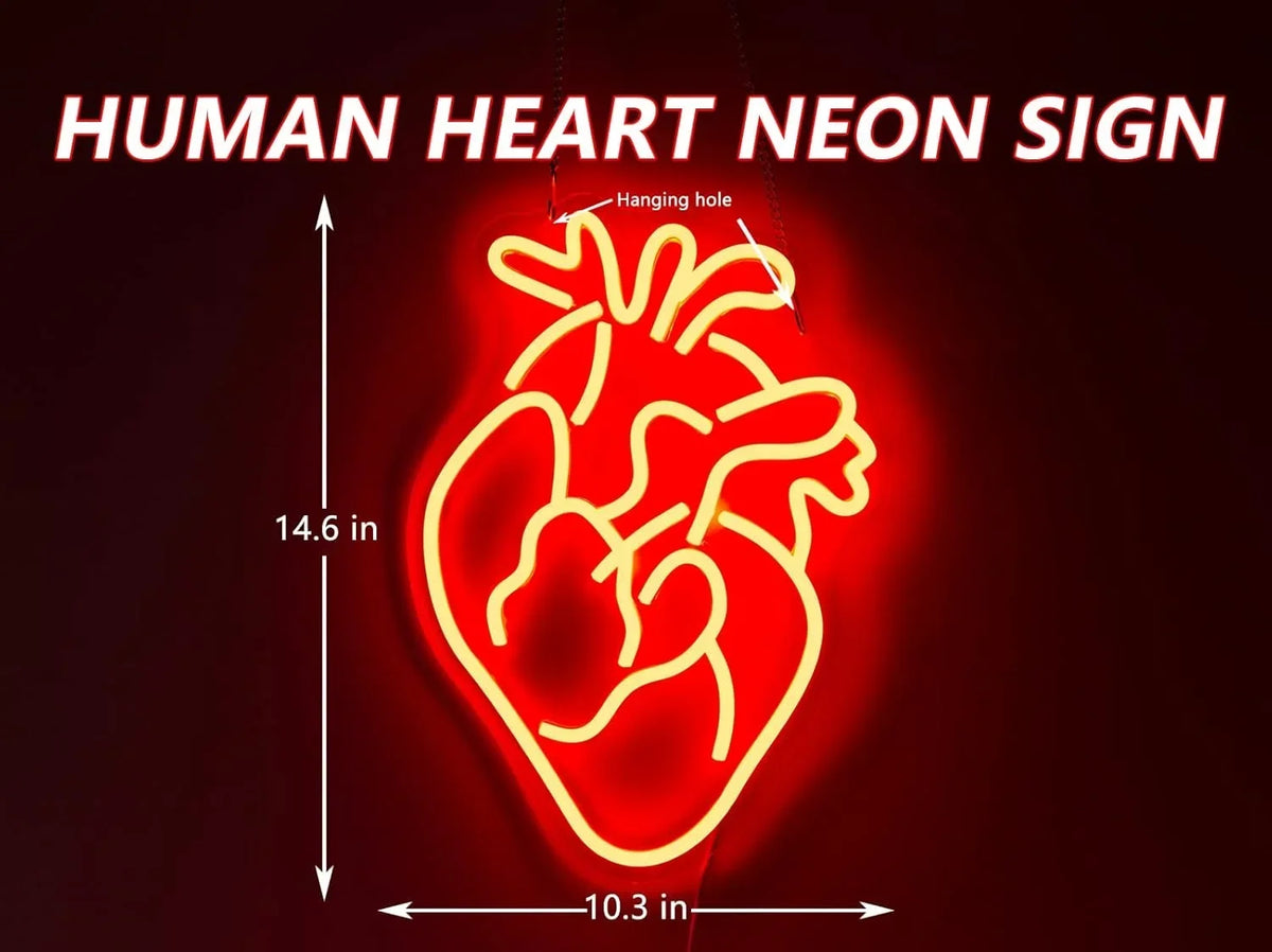 Anatomical Heart Neon Sign Red Yellow Wall Art Realistic