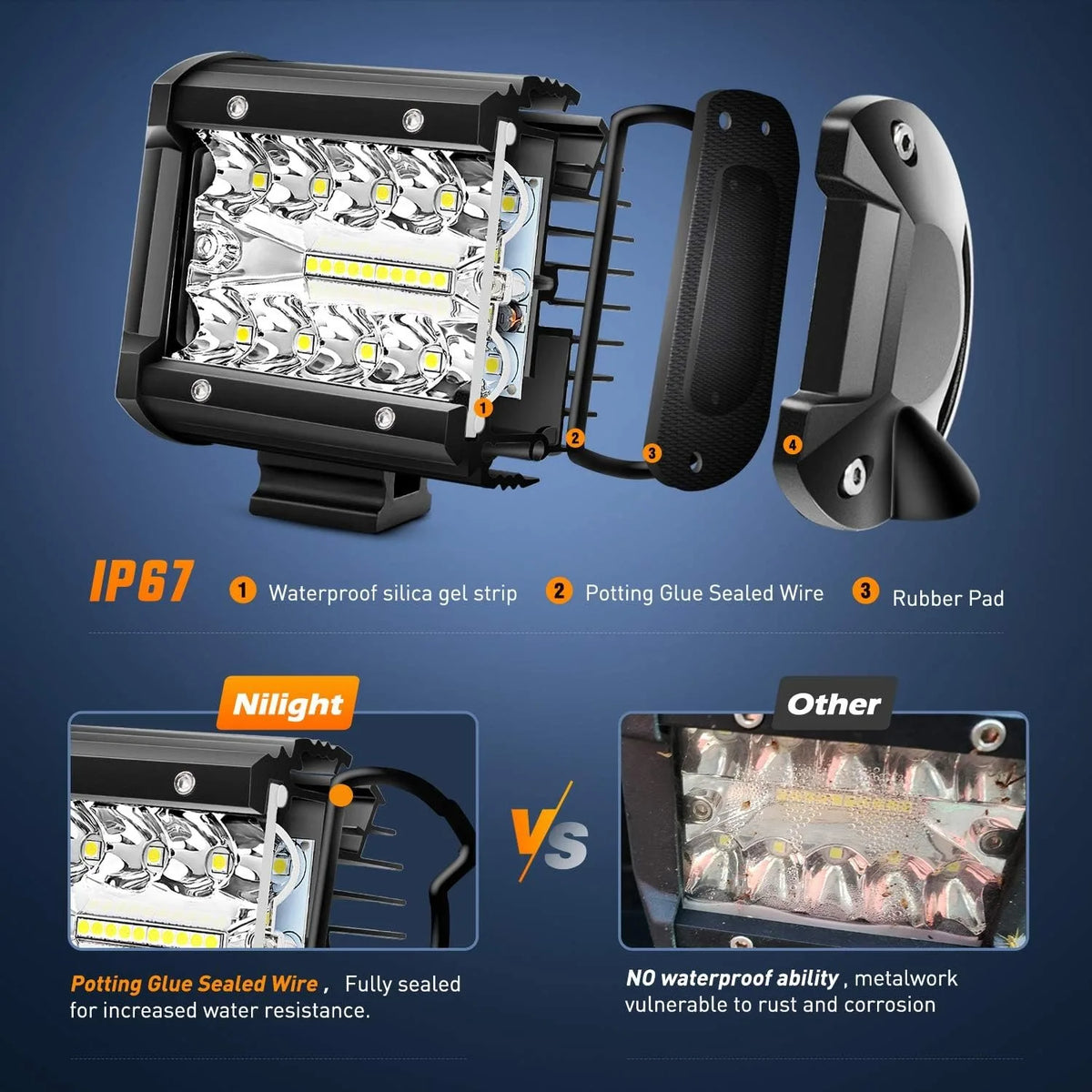 Nilight ZH416 4PCS 4inch 60W Triple Row Flood Spot