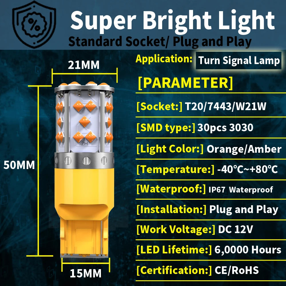 2PCS T20 7440 wy21w Canbus No Error Hyper Flash