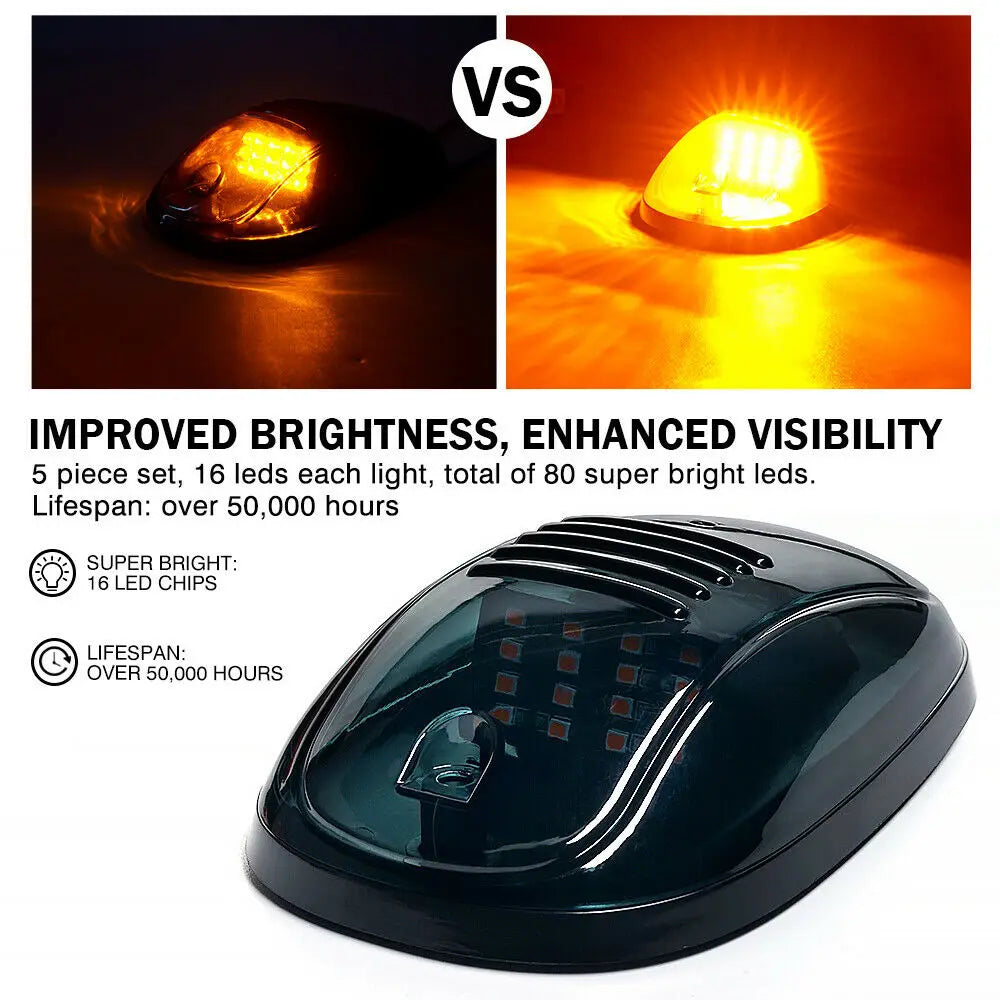 For 4X4 5PC Amber Cab Roof Marker Running Clearance Smoked Lens