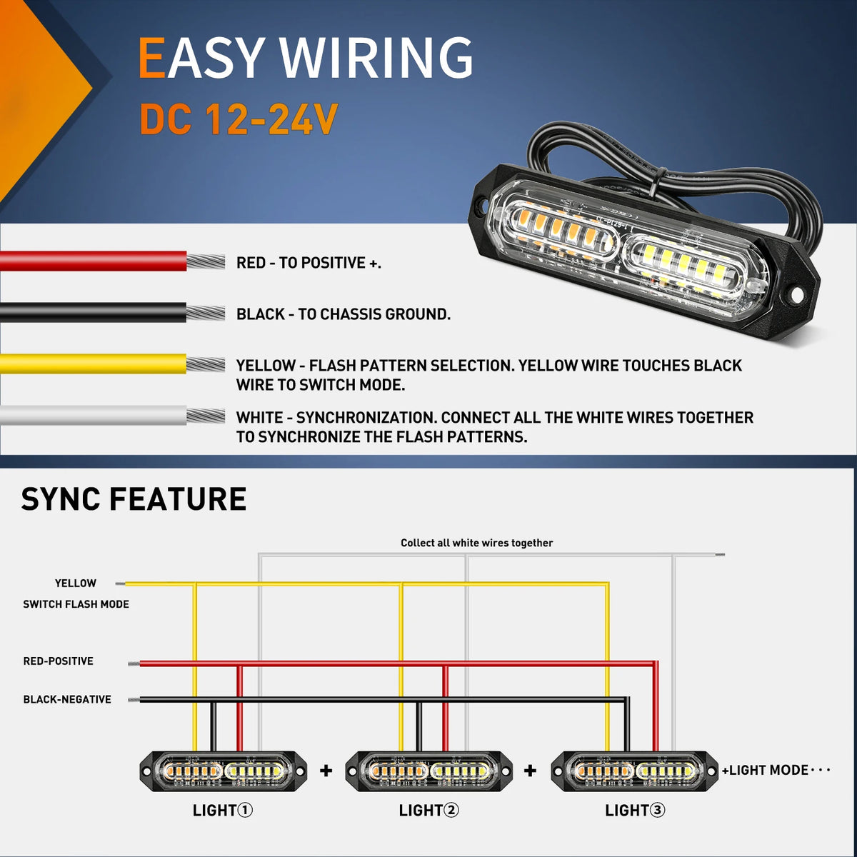 Nilight 8PCS Strobe 12V 24V Amber White Sync Feature