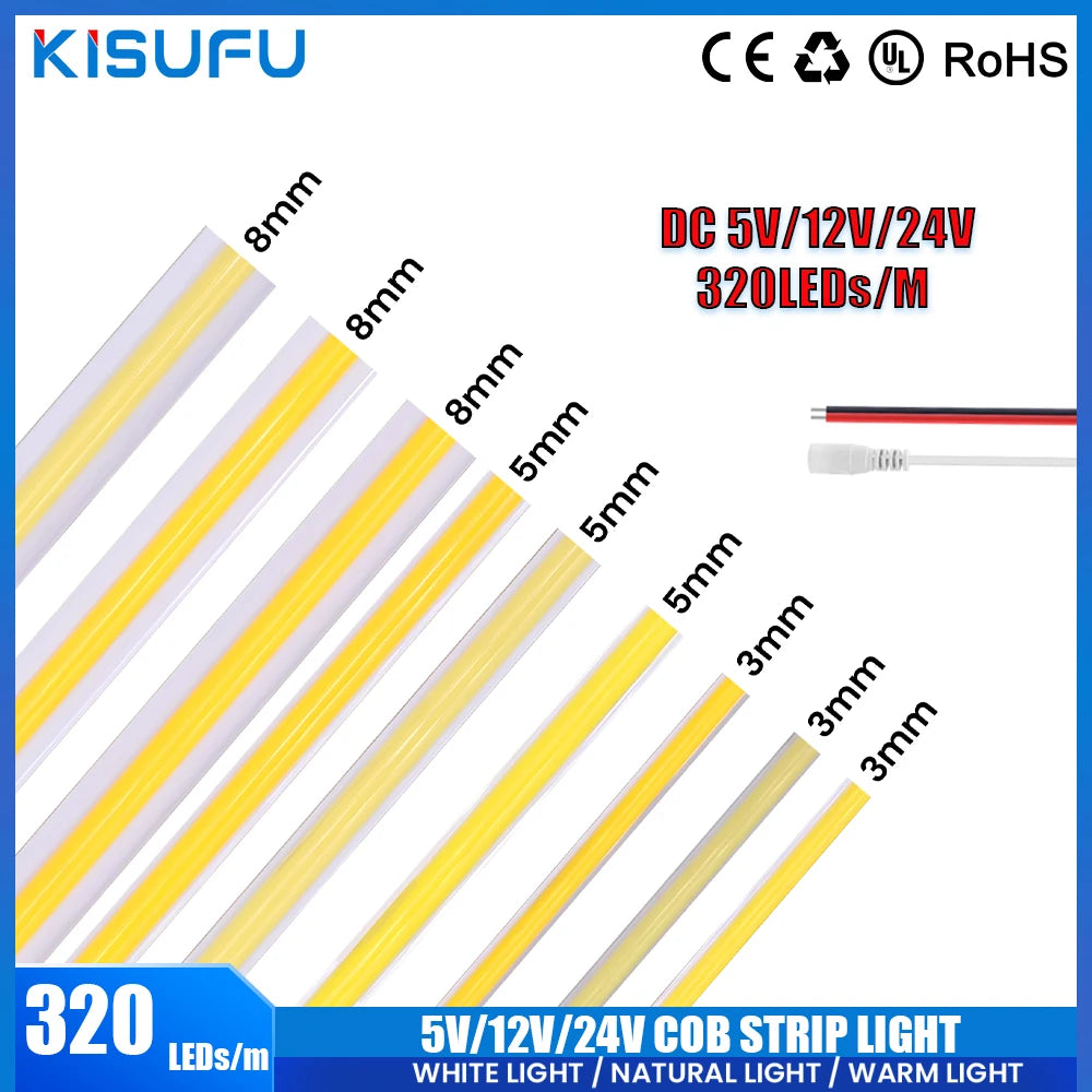 For Cabinet Home Linear Lighting Dc 5V 12V 24V Cob Strip 3MM 5MM