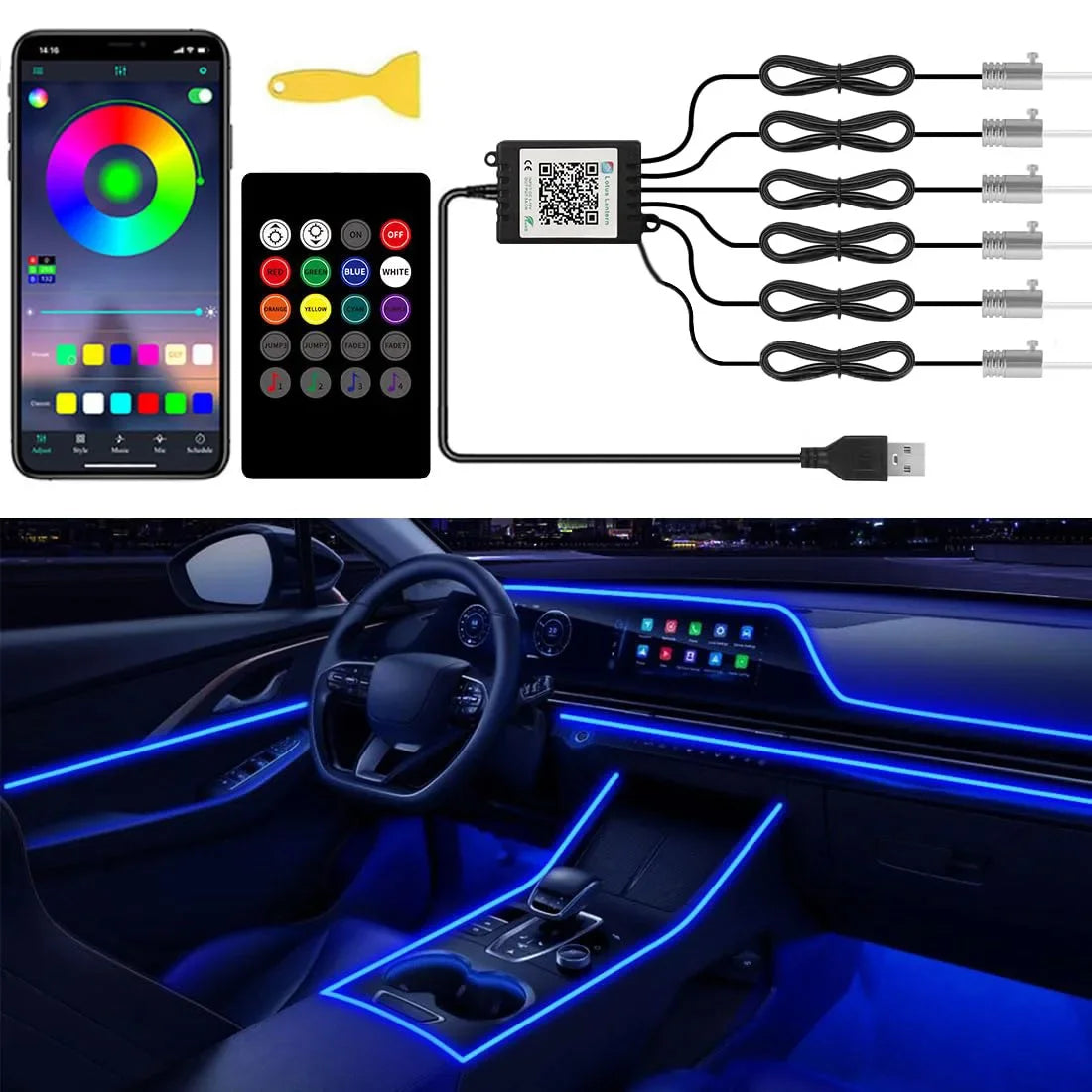 RGB LED Car Ambient Light Kit 6 in 1 Fiber Optic Interior Strip with APP Remote Control Music Sync Neon Mood Dashboard F