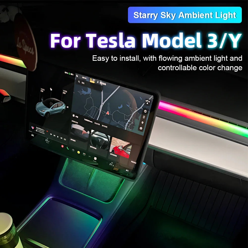 For Tesla Model 2021-2025 Y 3 RGB Ambient Light Kit Dashboard Center Console Center Lamp APP Control LED Strips Neon Lig