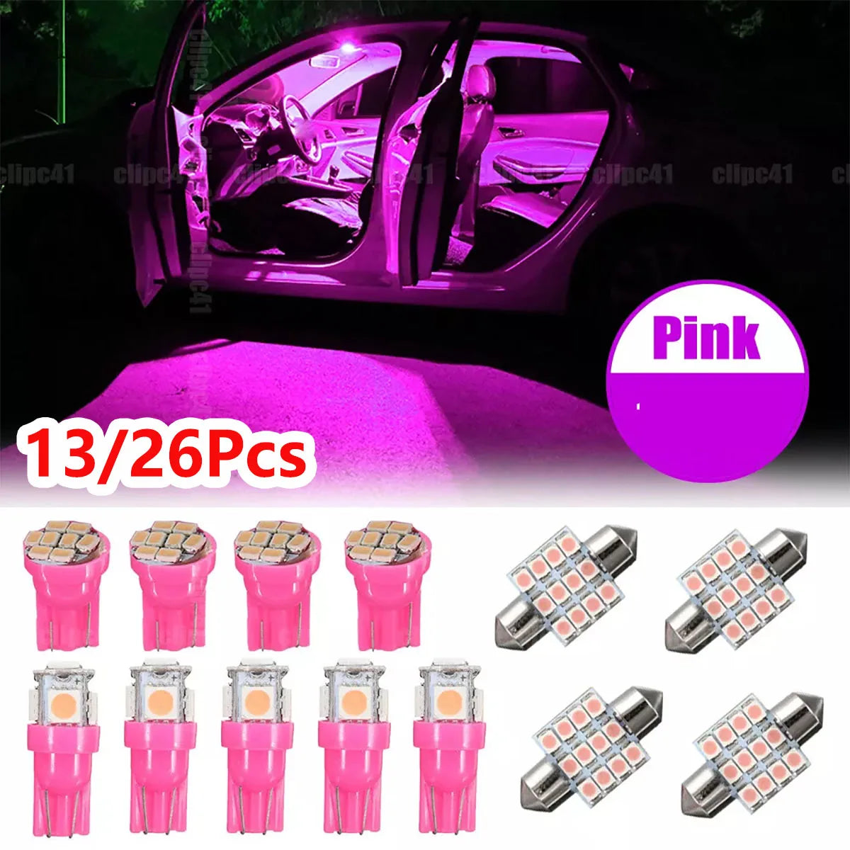 26PCS Purple Pink Interior Package Kit Dome License Plate