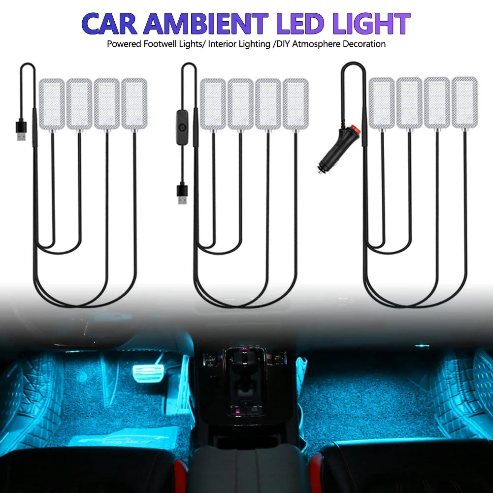 4PCS Set Ambient USB Cigarette Lighter Powered Footwell Interior