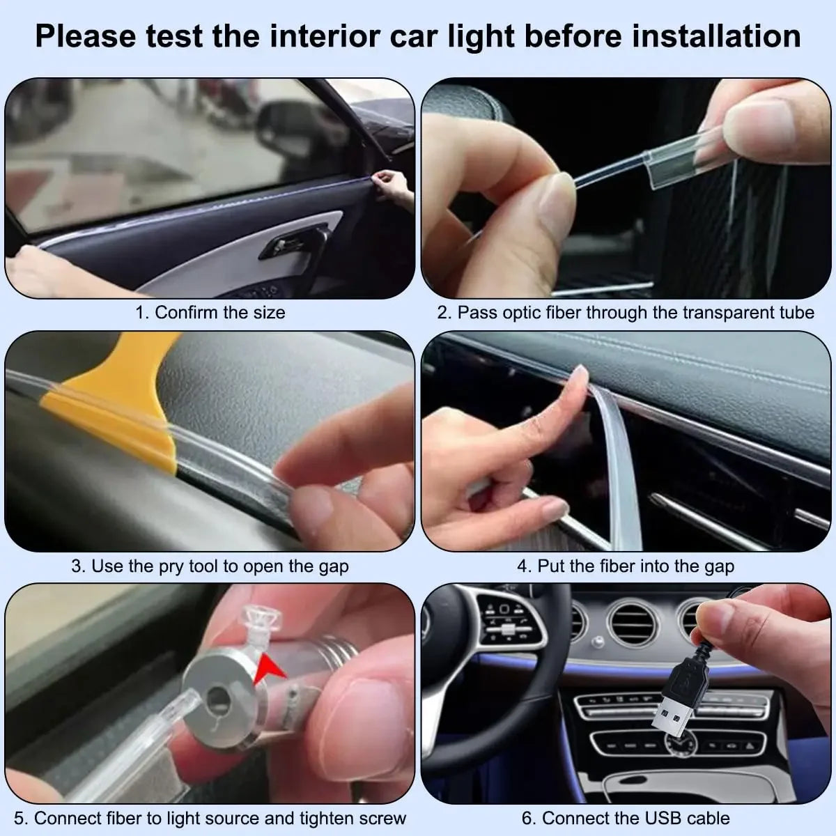 6 in 1 Car Interior Ambient LED Light Kit RGB Strip Lights with Fiber Optic Tube APP and Remote Control Neon Mood Sync L