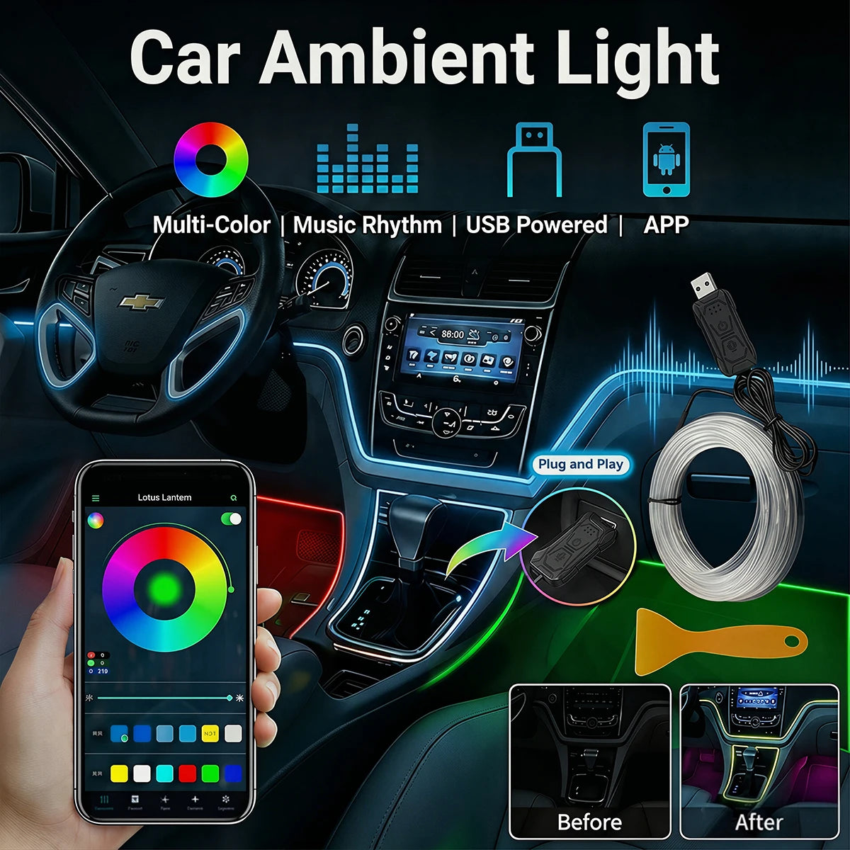 Interior Ambient Strip RGB Fiber Optic Atmosphere ultra-thin
