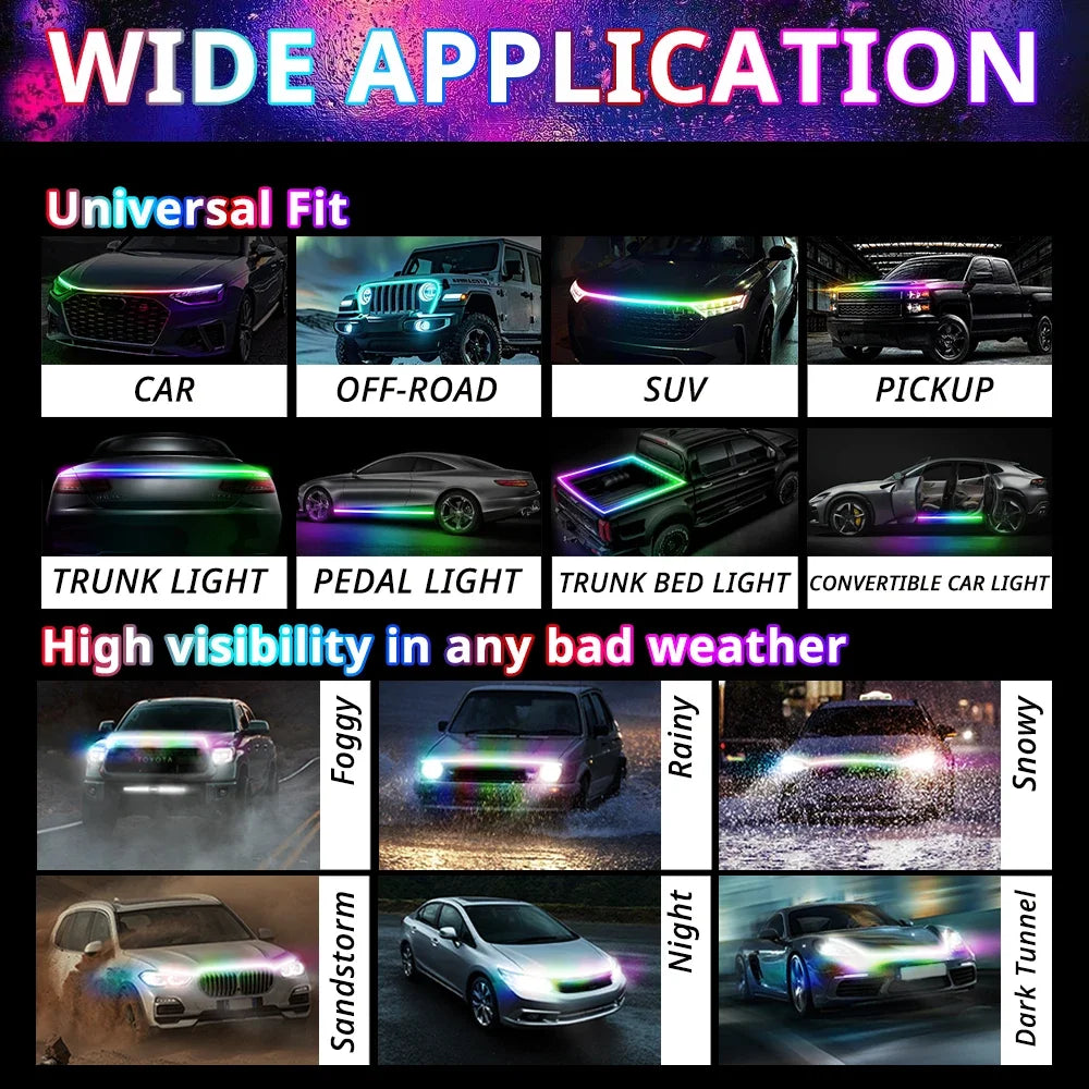 Multi Color APP Control Hood Strip RGB Engine Bay