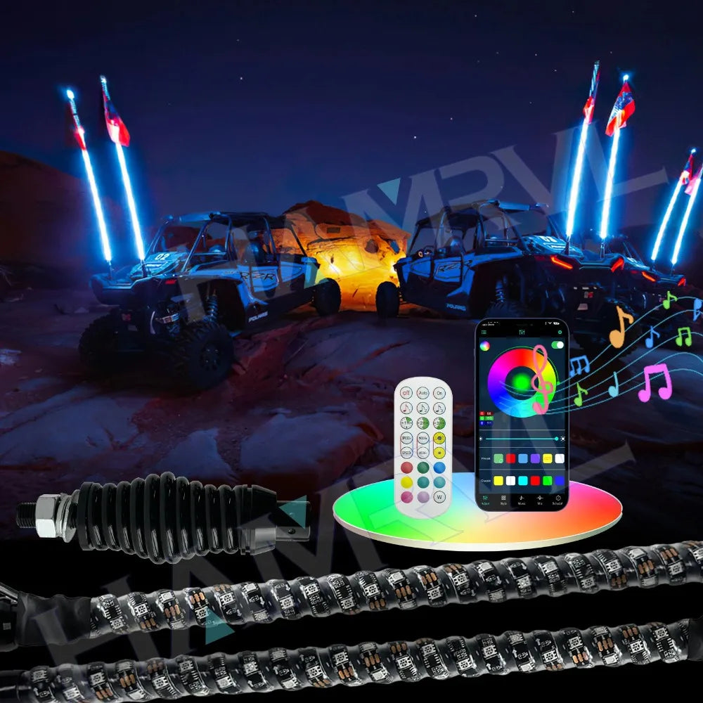 For Offroad Sand Rails Buggies Sxs 2PCS 5FT Whip RGB Waterproof