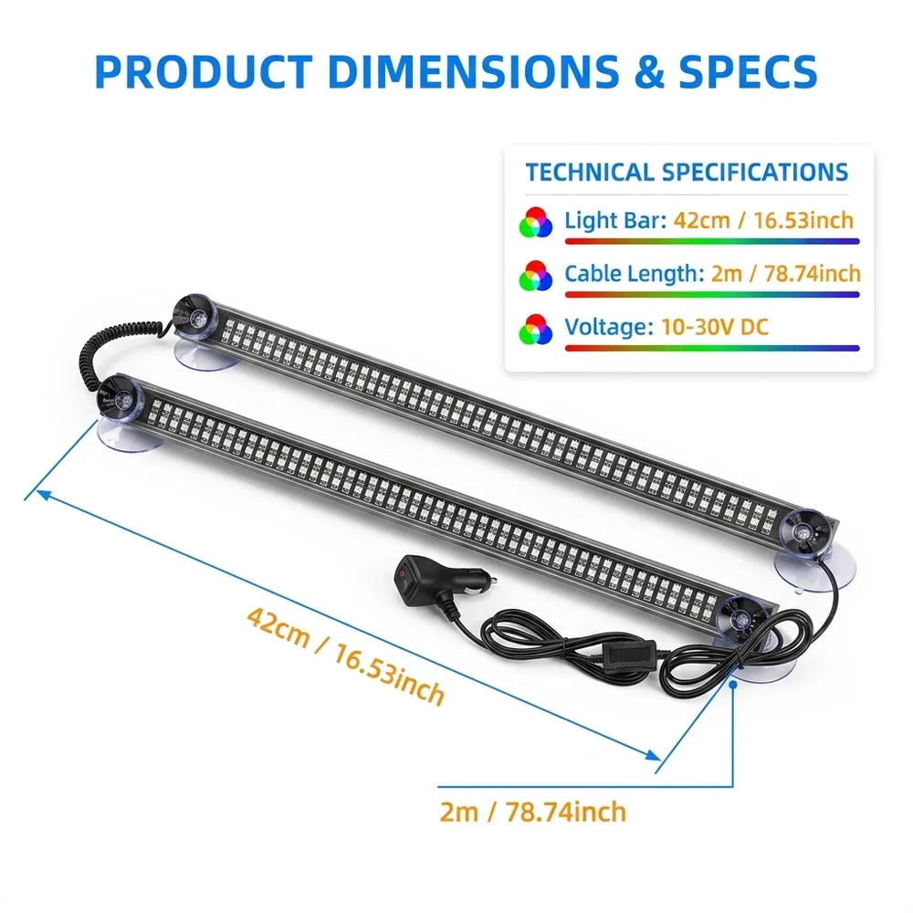 192 RGB Windshield Strobe Bar Set 1-to-2 ultra-thin Emergency