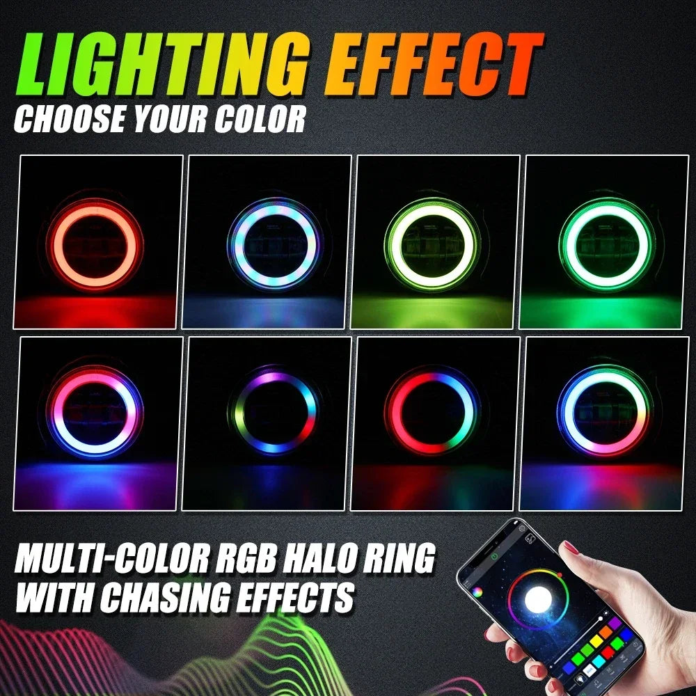 For Jeep Wrangler Jk 2007-2017 4 Inch Fog RGB Halo Ring Turn