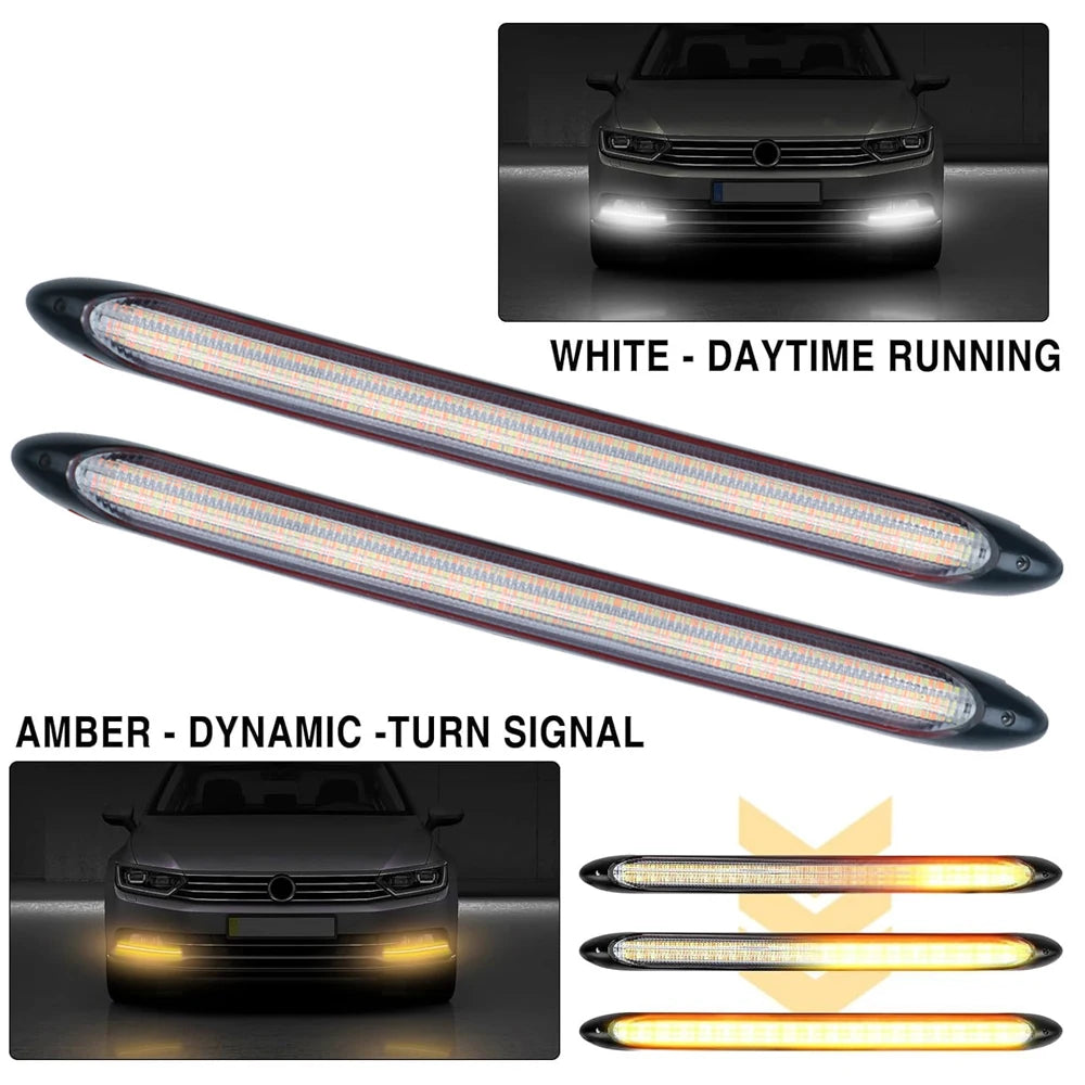 DRL Daytime Running Strip Car Headlight Decoration Turn Signal Light Strip Sequential Yellow Flow White Day Lamp Accesso