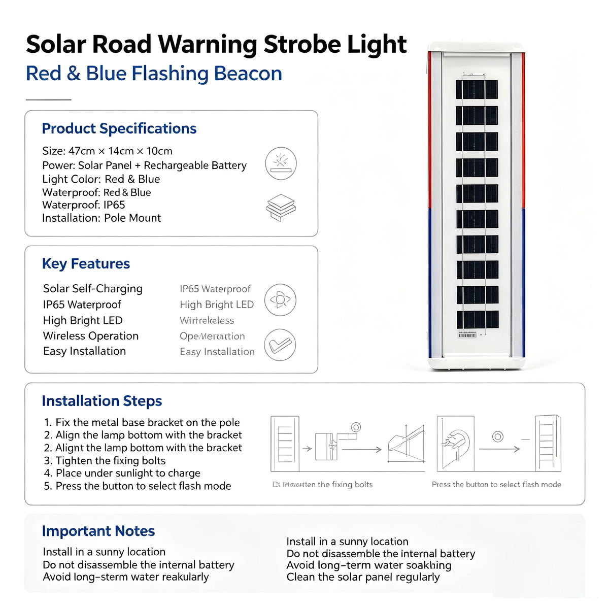 Solar Warning Flash Red Blue double-sided Night Traffic Road