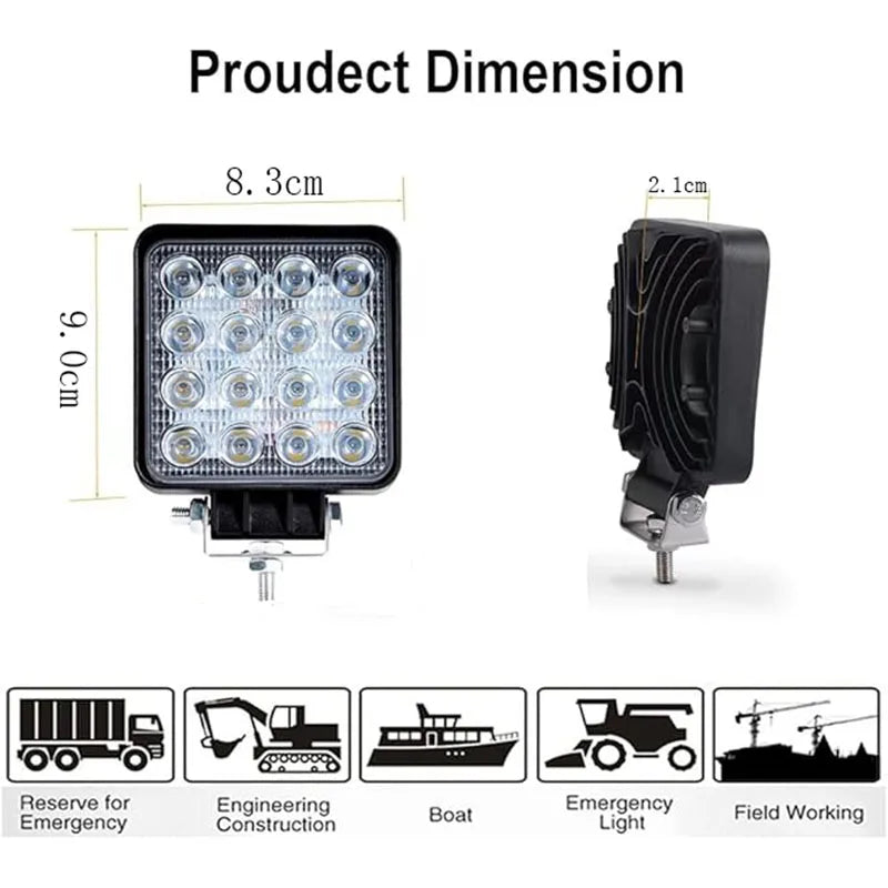 For Tractor Trailer 48W Work Square 12V 24V Spot Beam Offroad