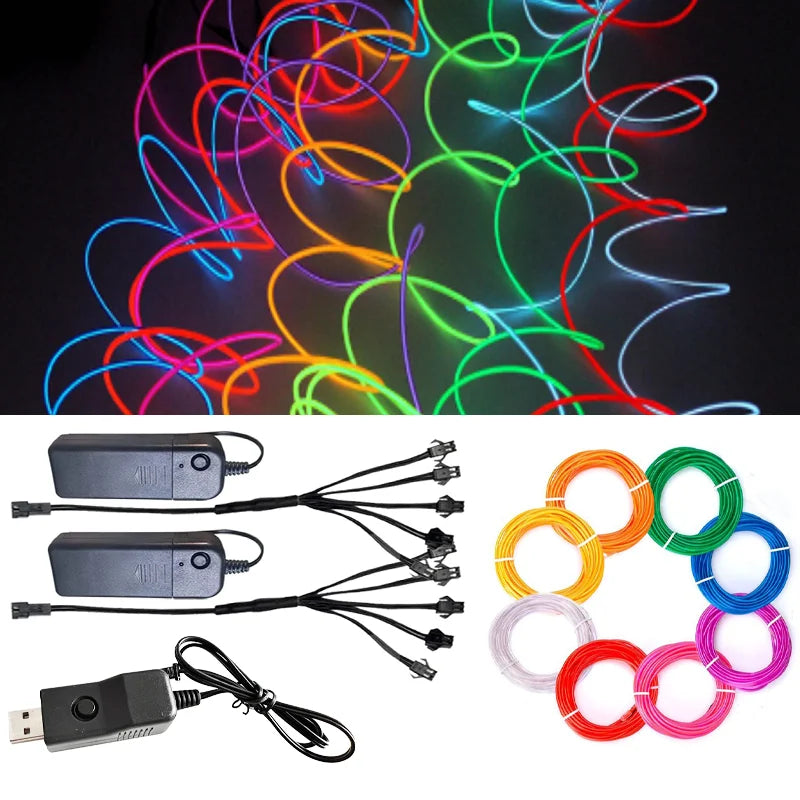 1M El Wire Strip Battery USB Switch Neon Glowing