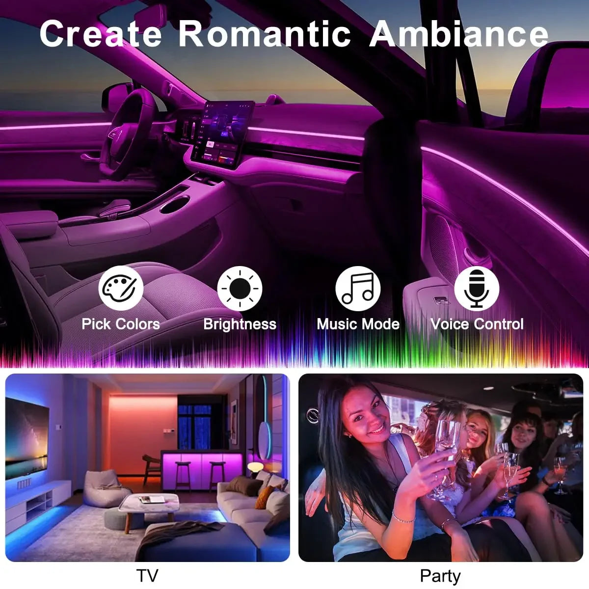 RGB LED Car Ambient Light Kit 6 in 1 Fiber Optic Interior Strip with APP Remote Control Music Sync Neon Mood Dashboard F