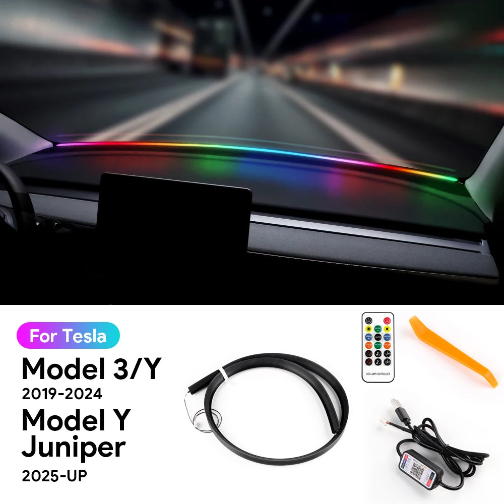 For Tesla Model 3 Y Juniper 2019-2026 USB Port Ambient Light Below Dashboard Windshield APP Bluetooth Controlled Colorfu