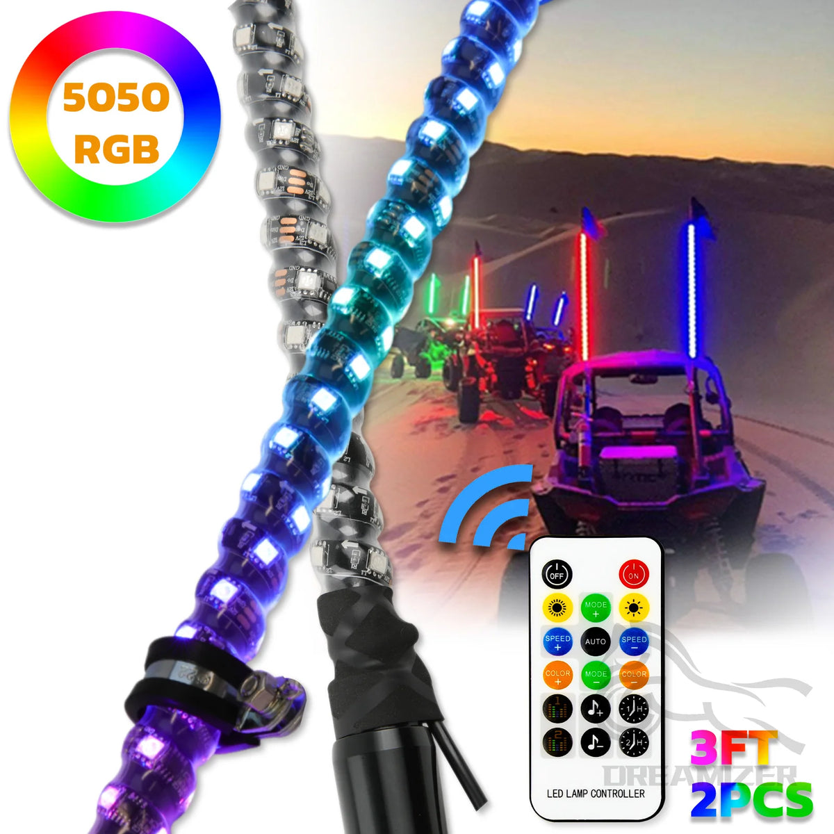 For Utv LED Backlights 4FT RGB Spiral Whip Antenna Chase
