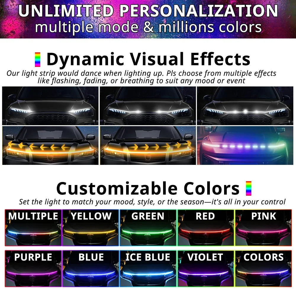 Multi Color APP Control Hood Strip RGB Engine Bay